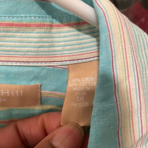 Kate Hill Blouse Womens 1X Linen Button Up Blue Striped Roll Tab Sleeve Collared - Picture 8 of 8